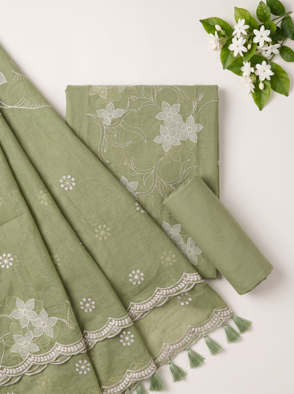 Pista Green Embroidered Cotton Dress Material