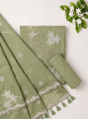 Pista Green Embroidered Cotton Dress Material
