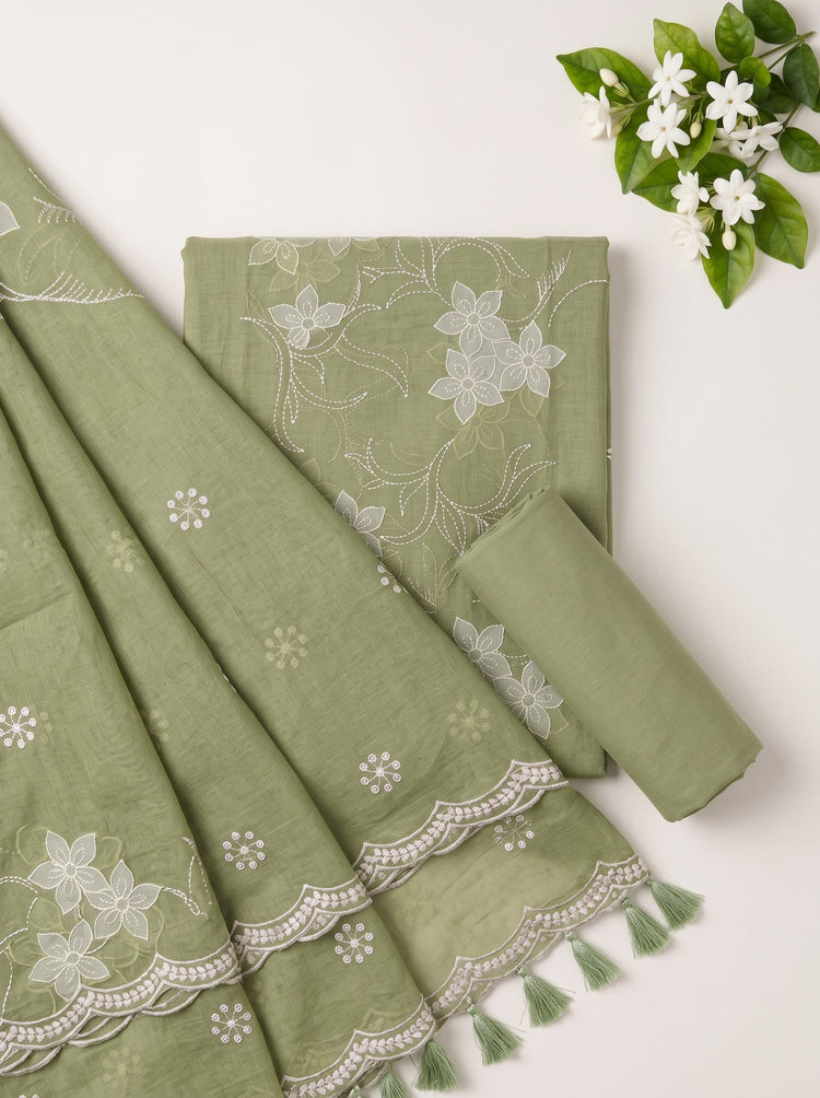 Pista Green Embroidered Cotton Dress Material