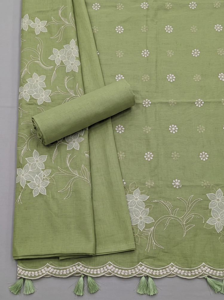 Pista Green Embroidered Cotton Dress Material
