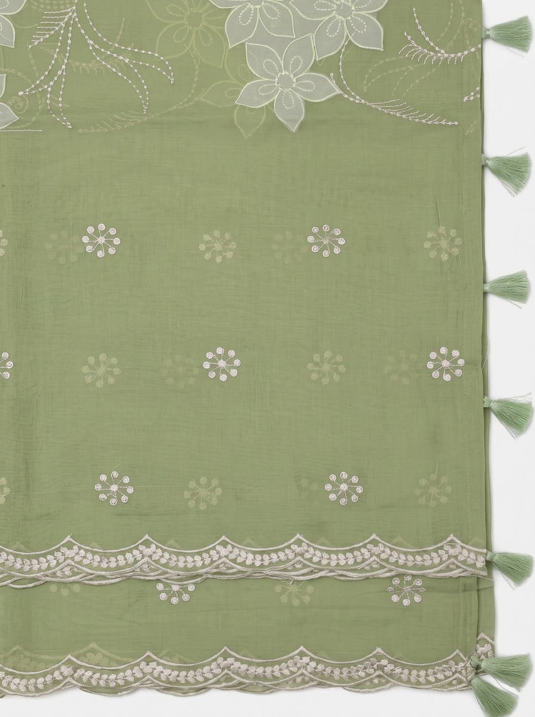 Pista Green Embroidered Cotton Dress Material