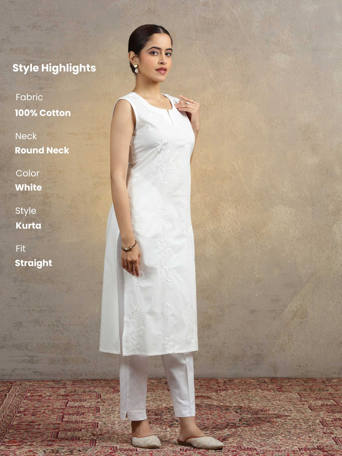 Pure White Pure Cotton Embroidered Straight Kurta