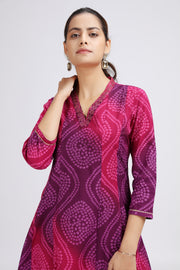 Purple Cotton Bandhani Digital Print A Line Kurta
