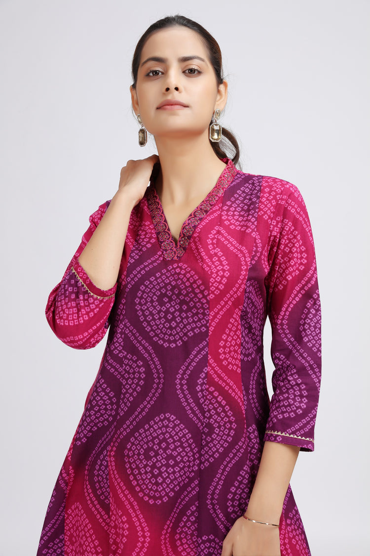 Purple Cotton Bandhani Digital Print A Line Kurta