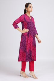 Purple Cotton Bandhani Digital Print A Line Kurta