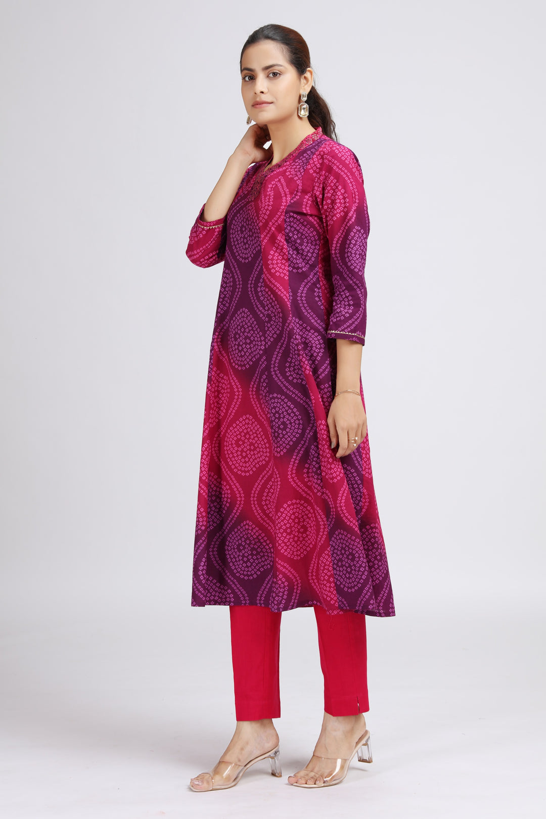 Purple Cotton Bandhani Digital Print A Line Kurta