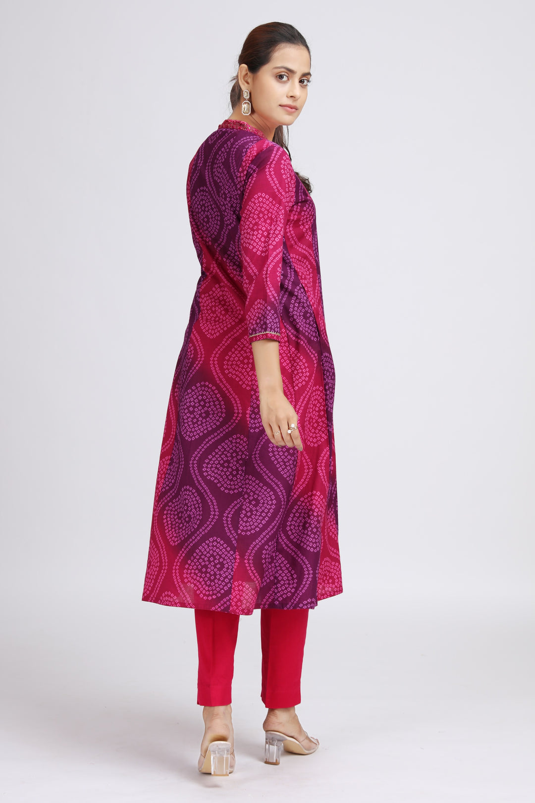 Purple Cotton Bandhani Digital Print A Line Kurta