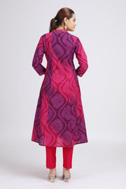 Purple Cotton Bandhani Digital Print A Line Kurta
