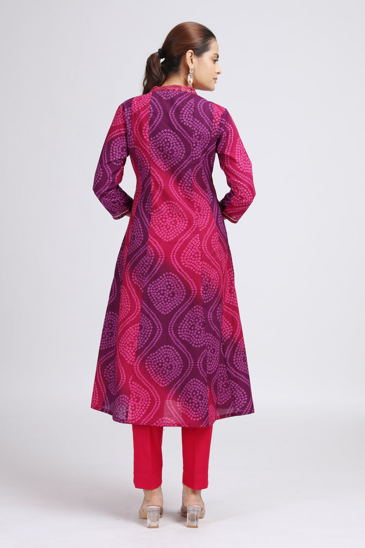 Purple Cotton Bandhani Digital Print A Line Kurta