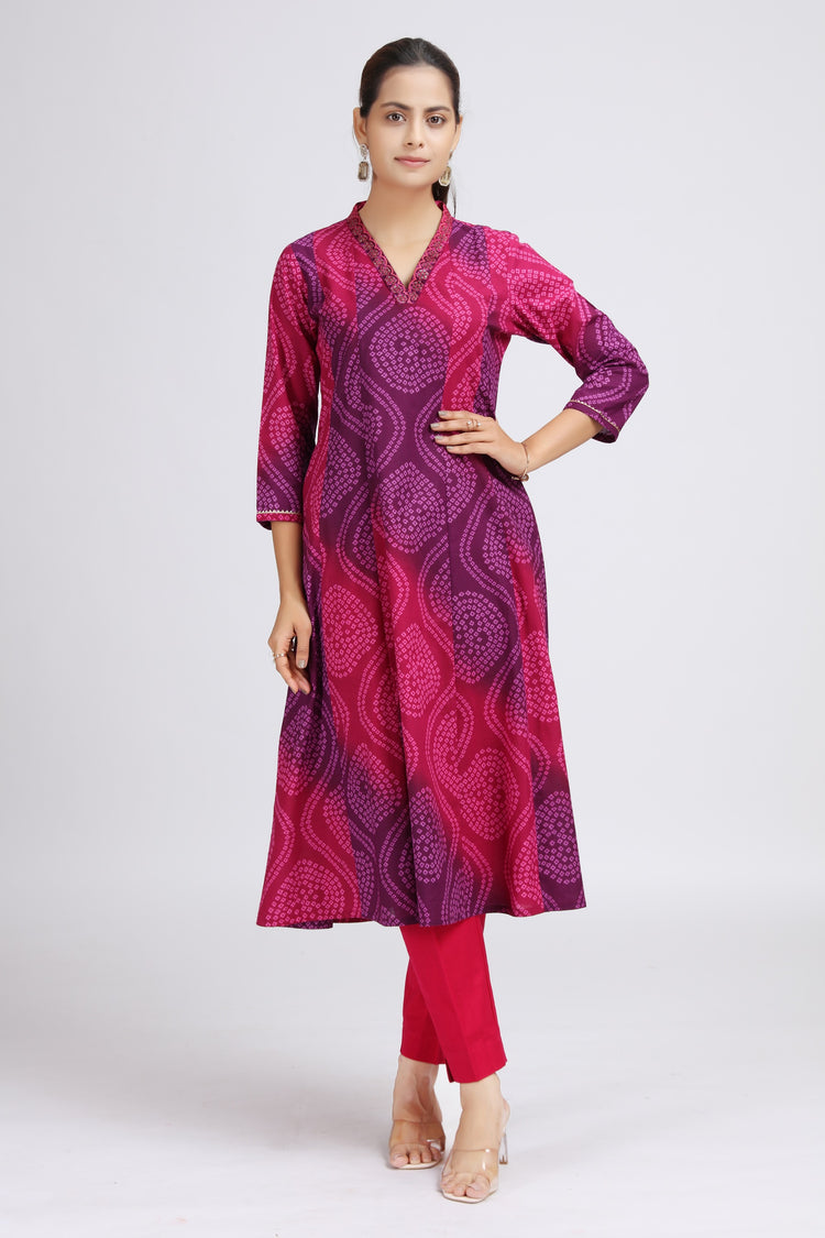 Purple Cotton Bandhani Digital Print A Line Kurta