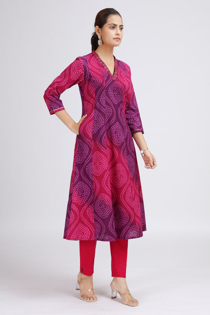 Purple Cotton Bandhani Digital Print A Line Kurta