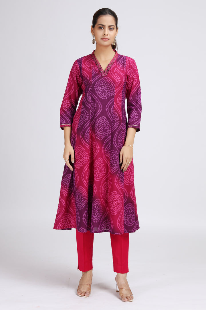 Purple Cotton Bandhani Digital Print A Line Kurta