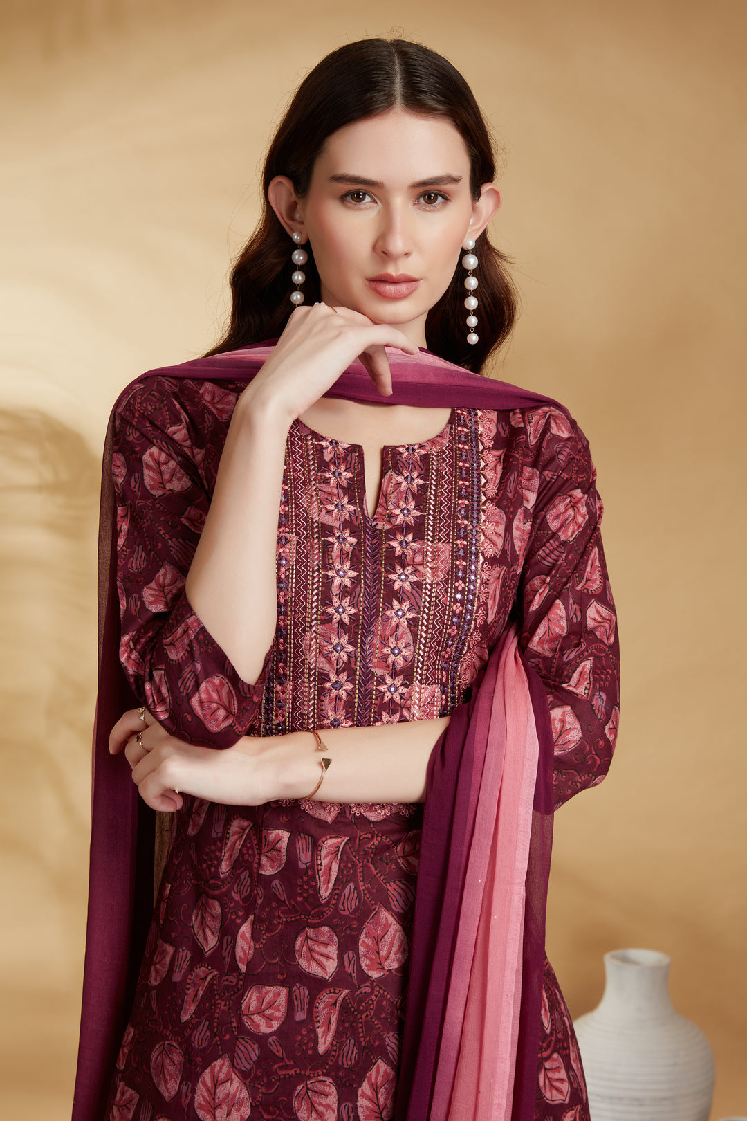 Wine Cotton Embroidered A Line Kurta Pant and Dupatta Suit Set