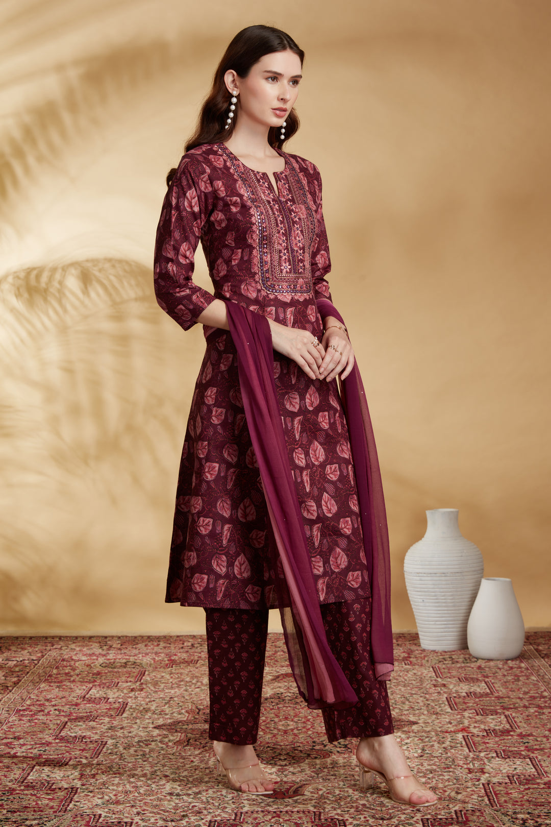 Wine Cotton Embroidered A Line Kurta Pant and Dupatta Suit Set
