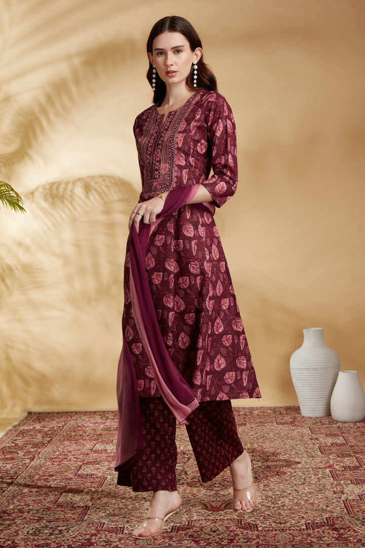 Wine Cotton Embroidered A Line Kurta Pant and Dupatta Suit Set