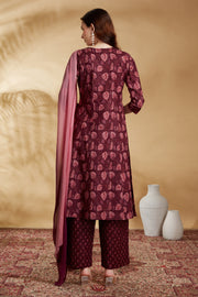 Wine Cotton Embroidered A Line Kurta Pant and Dupatta Suit Set