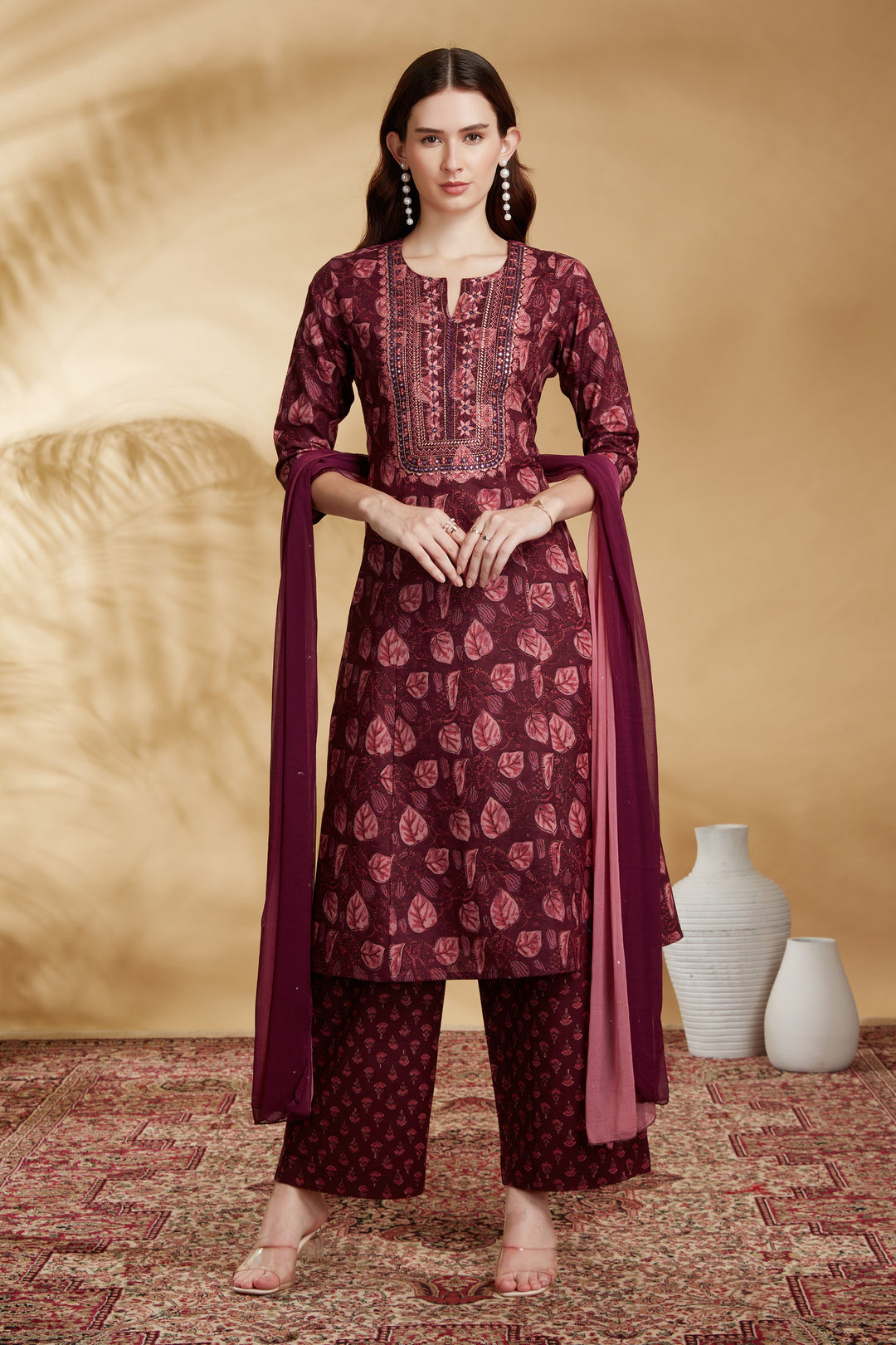 Wine Cotton Embroidered A Line Kurta Pant and Dupatta Suit Set