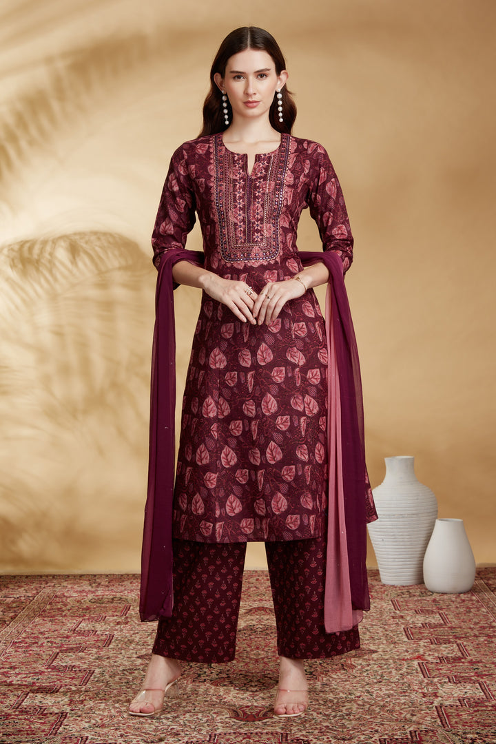 Wine Cotton Embroidered A Line Kurta Pant and Dupatta Suit Set