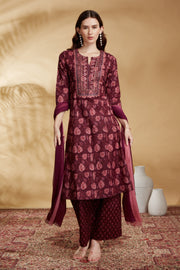 Wine Cotton Embroidered A Line Kurta Pant and Dupatta Suit Set