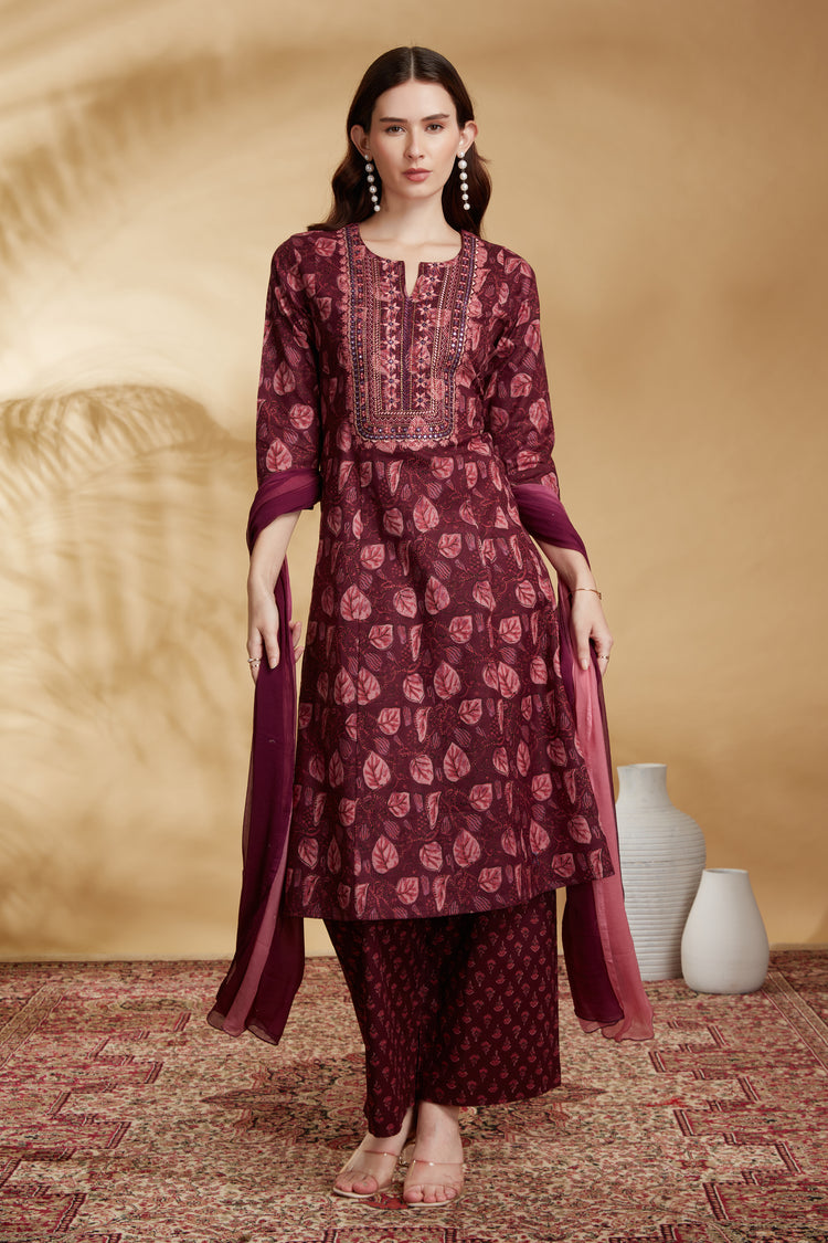 Wine Cotton Embroidered A Line Kurta Pant and Dupatta Suit Set