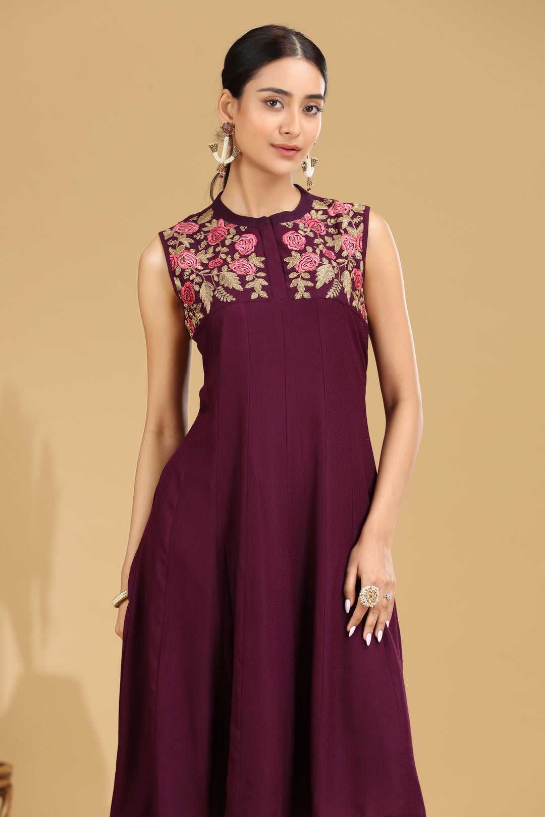 Purple Embroidered A-Line Dress