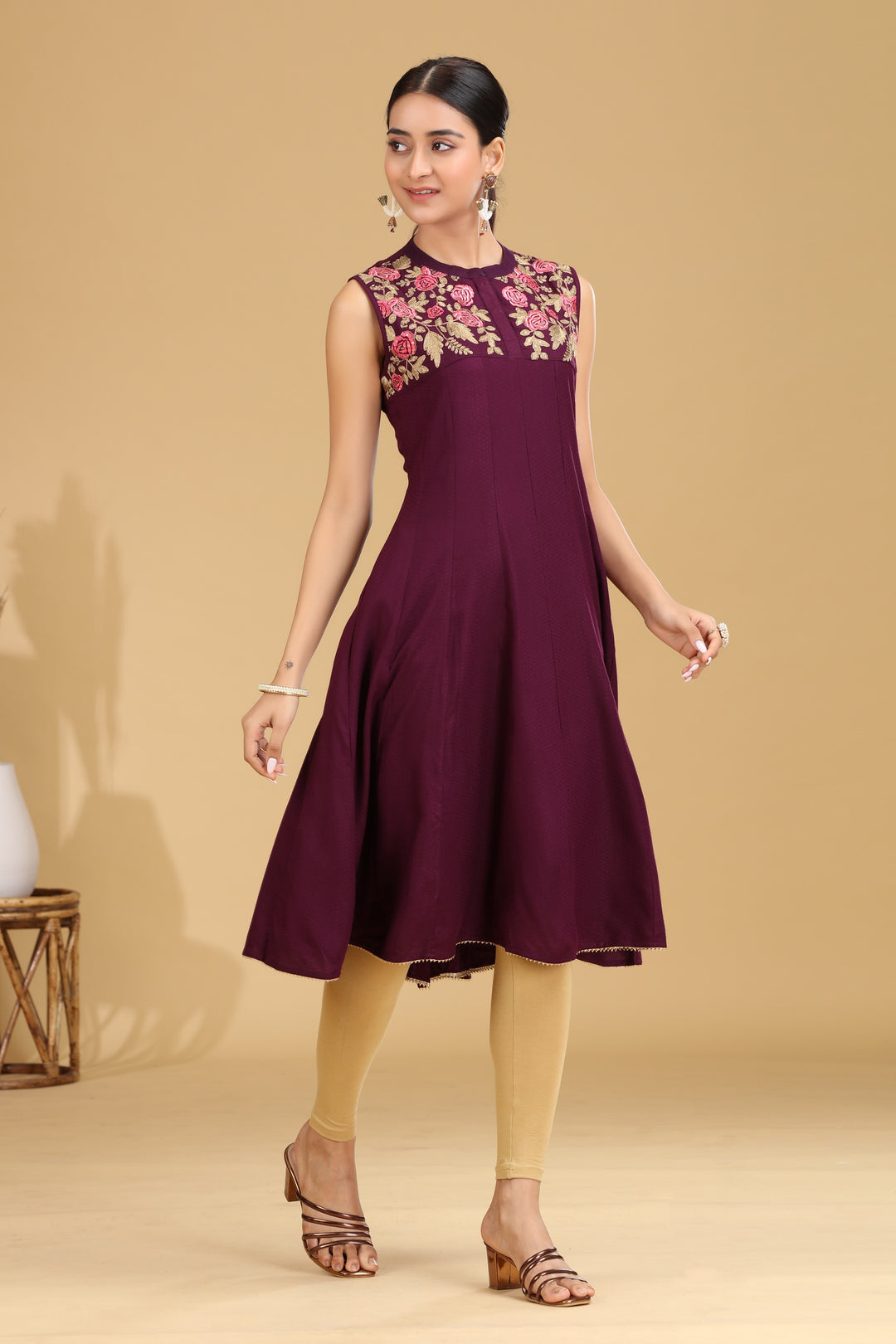 Purple Embroidered A-Line Dress