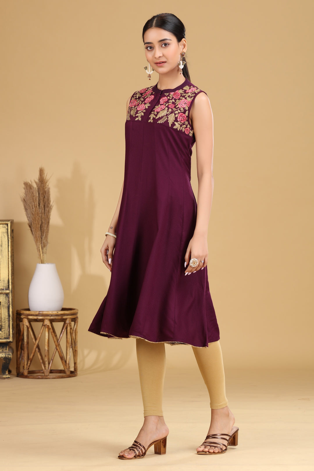 Purple Embroidered A-Line Dress