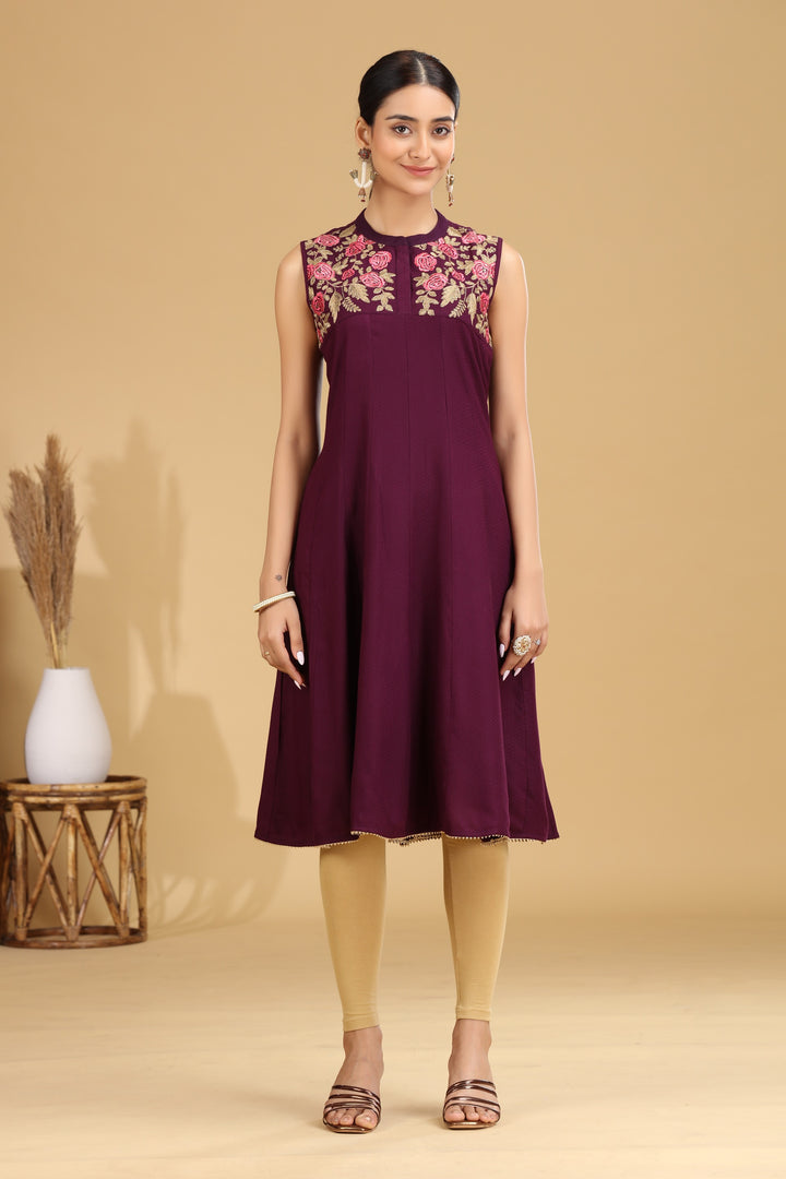 Purple Embroidered A-Line Dress