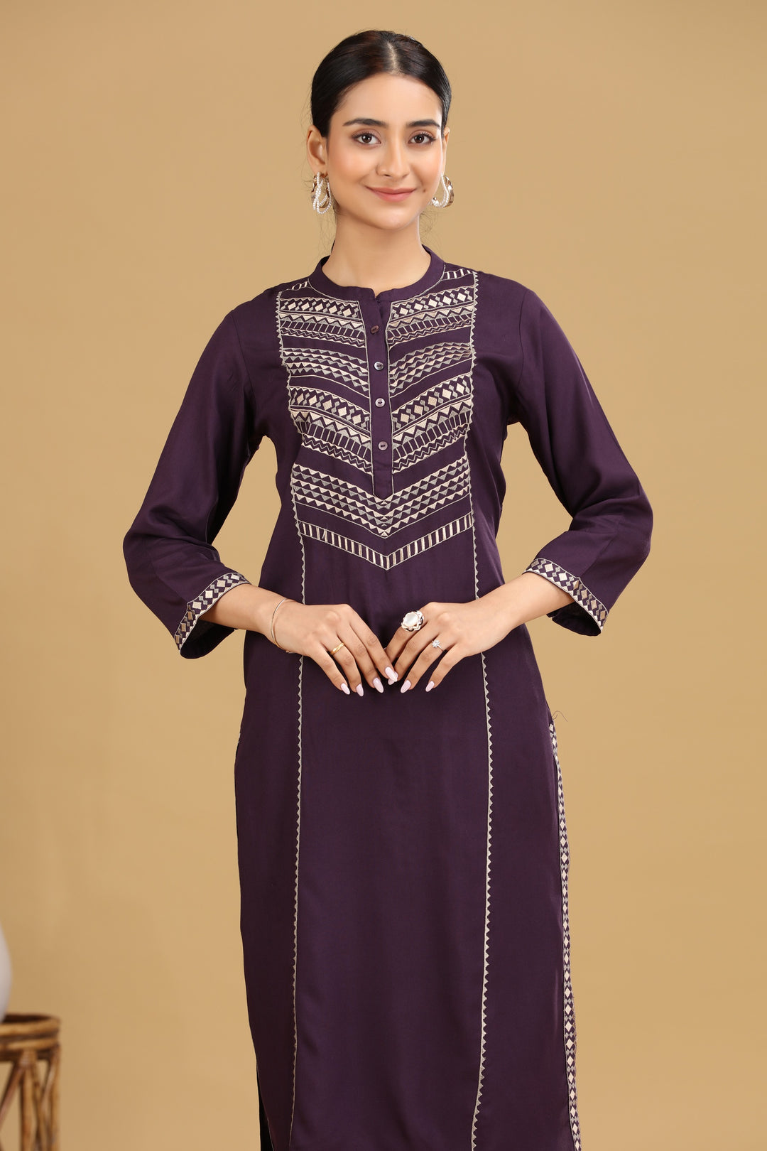 Purple Embroidered Straight Co ord Set
