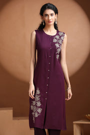 Purple Embroidered Straight Co ord Set