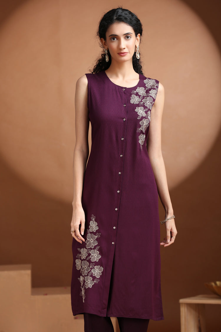 Purple Embroidered Straight Co ord Set