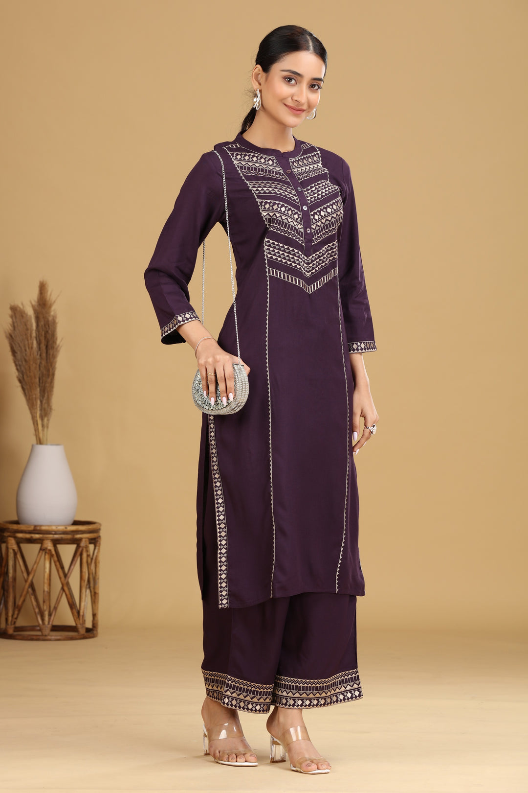 Purple Embroidered Straight Co ord Set