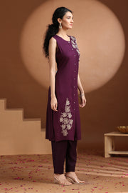 Purple Embroidered Straight Co ord Set