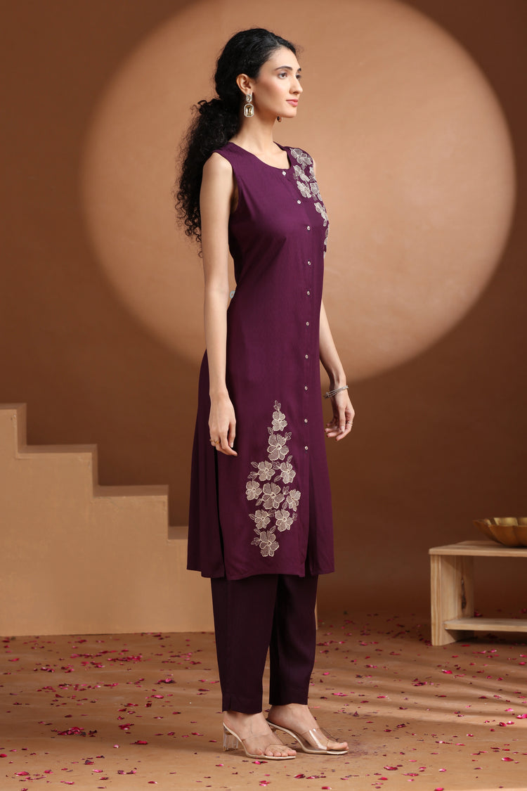 Purple Embroidered Straight Co ord Set