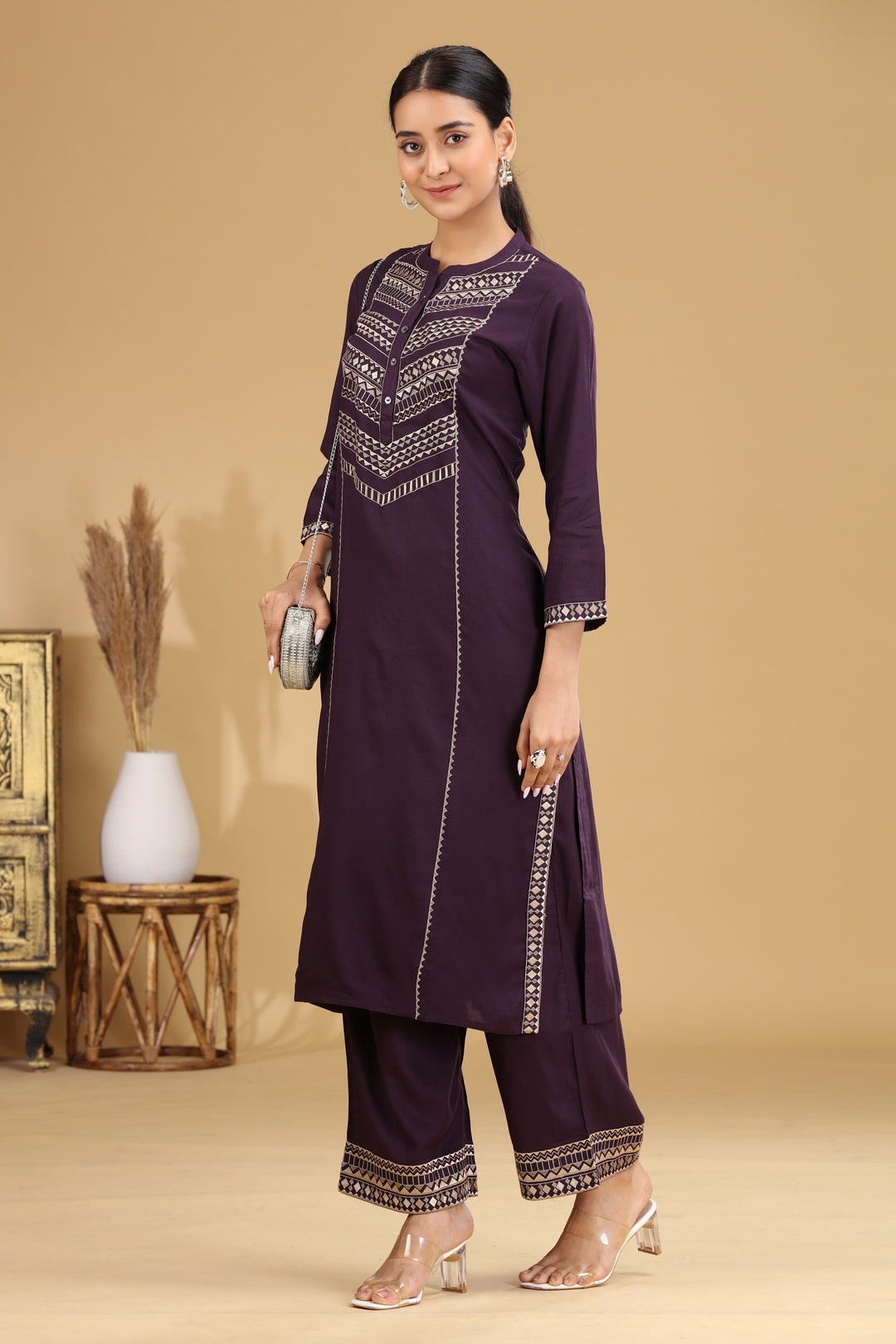 Purple Embroidered Straight Co ord Set