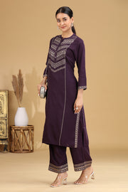 Purple Embroidered Straight Co ord Set
