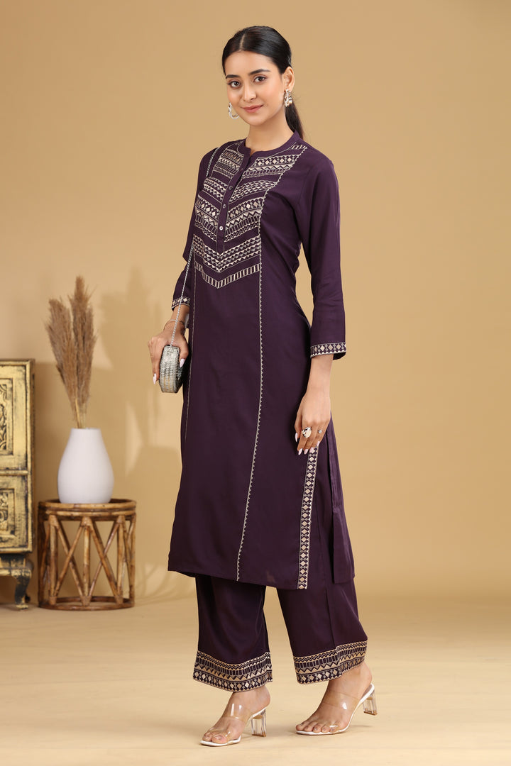 Purple Embroidered Straight Co ord Set