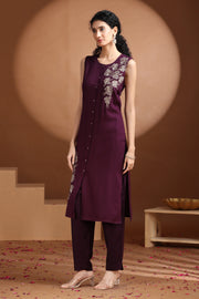 Purple Embroidered Straight Co ord Set