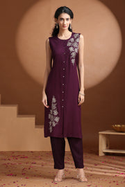 Purple Embroidered Straight Co ord Set