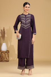 Purple Embroidered Straight Co ord Set
