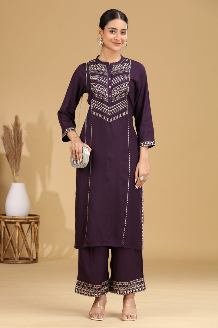 Purple Embroidered Straight Co ord Set