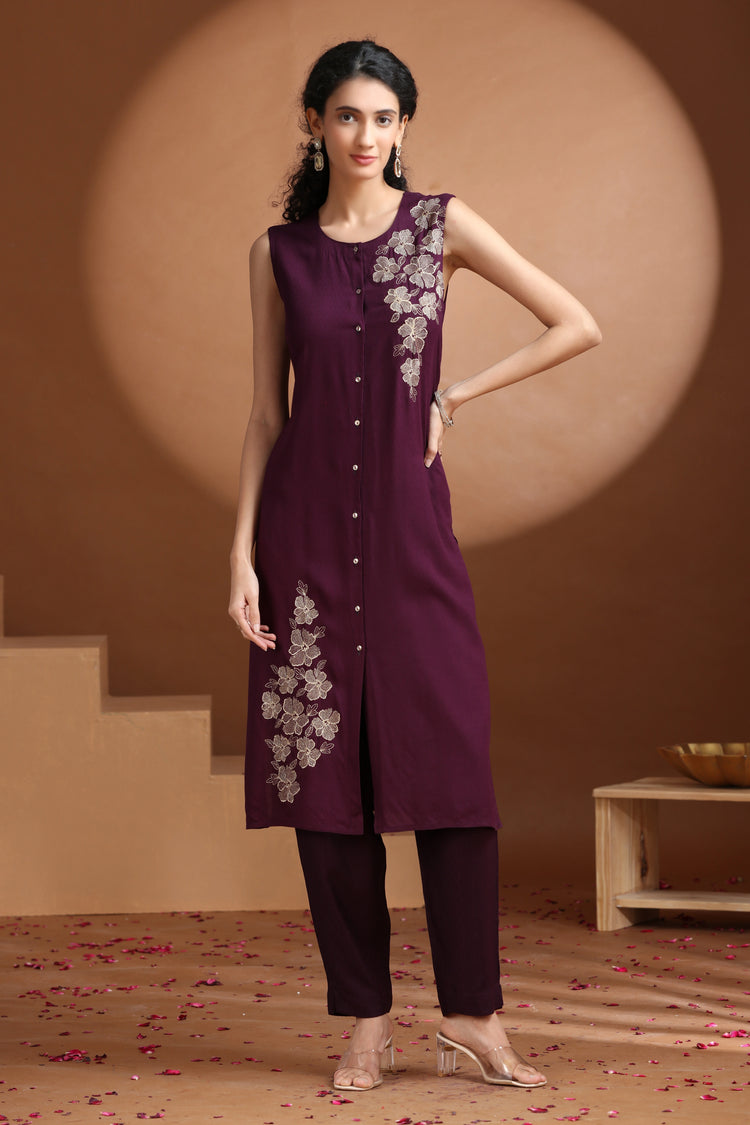 Purple Embroidered Straight Co ord Set