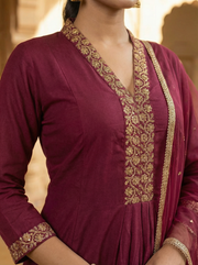 Purple Embroidered Straight Ethnic Set