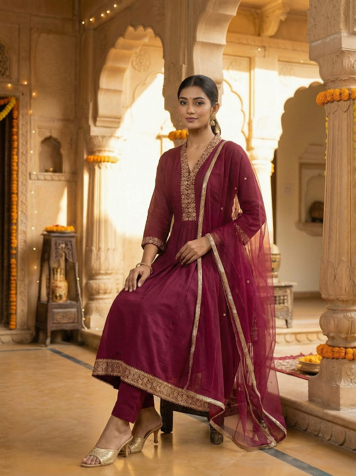 Purple Embroidered Straight Ethnic Set