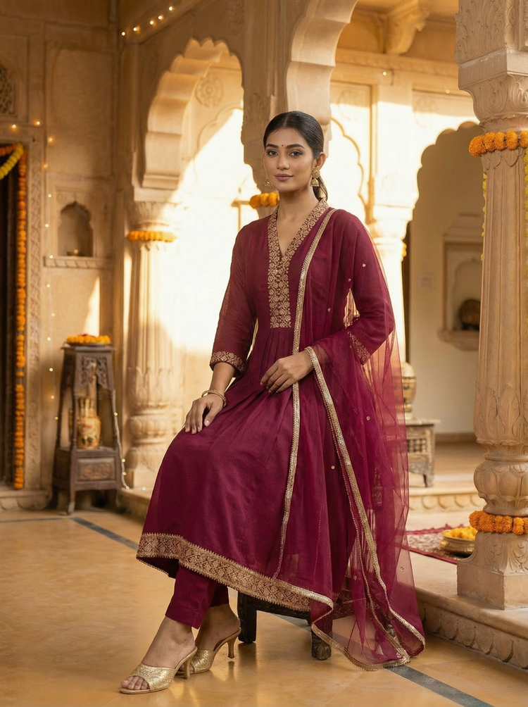 Purple Embroidered Straight Ethnic Set