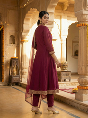 Purple Embroidered Straight Ethnic Set