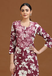 Purple Floral Embroidered Straight Co-ord Set