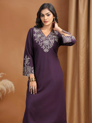 Purple Floral Embroidered Straight Co-ord Set