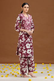 Purple Floral Embroidered Straight Co-ord Set
