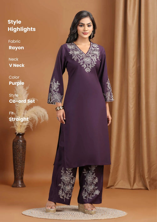 Purple Floral Embroidered Straight Co-ord Set